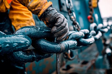 Strong hands working to secure heavy chains on a ship in a bustling harbor. Generative AI