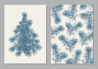Christmas cards with pine tree and branches. Hand drawn vector illustration. Blue shade collection.