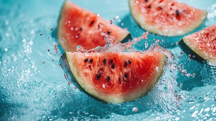 Wall Mural - Juicy Watermelon Slices Splashing in Water