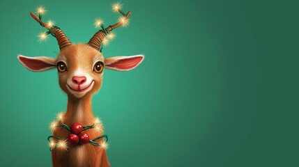 Wall Mural - Cheerful, stylized goat adorned with glowing fairy lights around its horns and a string of holly berries across its chest, creating a festive holiday scene against a vibrant green backdrop