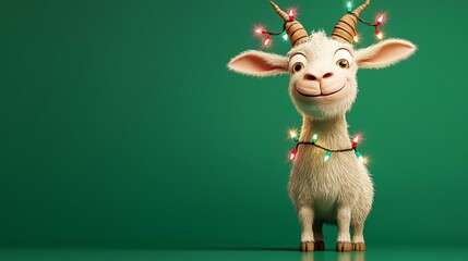 Wall Mural - Cheerful goat wearing colorful christmas lights stands against a vibrant green backdrop, creating a festive holiday scene