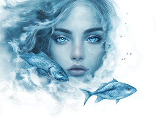 Wall Mural - Lifelike Pisces portrait with serene blue eyes, flowing hair blending into ocean waves, and two fish symbolizing the sign, set against a white background with aquatic details.