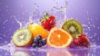 © Sumet - Fresh and Vibrant Fruit Splash with Water Droplets, Featuring Kiwi, Strawberry, Blueberry, Orange, and Green Grapes against a Purple Background