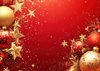 red background with golden christmas decorations, stars, and balls red background with gold christma