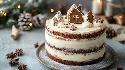 A rustic naked cake with layers of cream and spiced cake, topped with a tiny gingerbread house, isolated on a neutral background