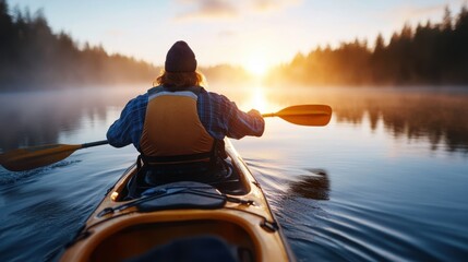 A lone kayaker in a life vest navigates through calm waters at sunrise, surrounded by a picturesque forest, capturing a serene and adventurous outdoor moment.