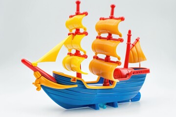 Wall Mural - Colorful plastic ship toy on white background.