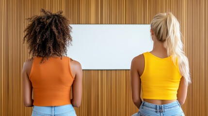 Two women with different hairstyles and colored tops sit facing a blank wall with wood paneling, suggesting contemplation or interior design interest.