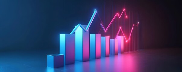 Neon Growth Chart: A dynamic 3D rendering of a bar graph with vibrant neon upward and downward trending lines, symbolizing market fluctuations and growth potential.