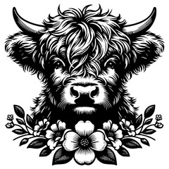 Highland cow head face portrait with flowers black vector illustration