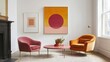 © sutus - Modern Living Room with Colorful Chairs and Abstract Art Creating a Chic Aesthetic in a Bright Space Featuring a Round Table and Cozy Atmosphere