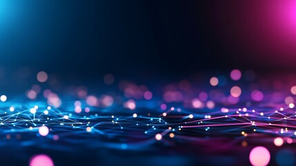 Abstract glowing network connections, vibrant blue and pink particles, bokeh effect, digital technology background.