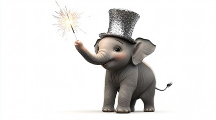 Wall Mural - A cheerful baby elephant with a silver New Year’s top hat, holding a sparkler, isolated on a white background