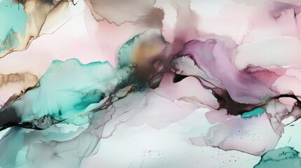  Artistic abstract backgrounds resembling watercolor paintings with soft pastel splashes of pink, teal, and lavender blending harmoniously. Delicate textures and gradients evoke tranquility and eleganc