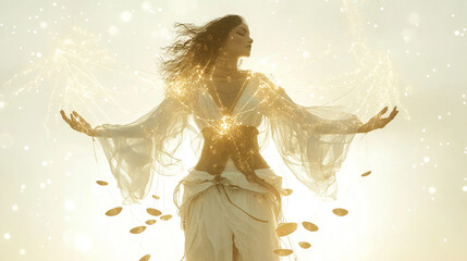 Wall Mural - Mystical Libra character surrounded by glowing, floating scales, with celestial attire adorned with stars and cosmic patterns, set against a soft white glow for a magical, ethereal feel.