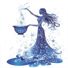 Wall Mural - Elegant Aquarius character pouring water from a celestial urn, transforming into stars and waves, with flowing attire, set against a minimalist white background to highlight creativity.