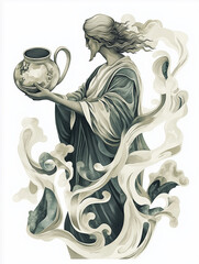 Wall Mural - Vintage Aquarius figure with antique water jug, dressed in flowing robes, water forming spirals and clouds, in muted tones and fine detailing, set against a simple white background for a timeless feel