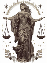 Wall Mural - Classic vintage Libra character in Greco-Roman style, holding ornate scales, surrounded by stars and zodiac symbols, in muted tones and intricate linework, set against a white backdrop for a timeless 