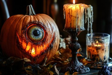 Spooky Drink. Halloween Party Beverage with Candle Eye Ball Pumpkin in Creepy Setting