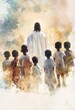 © Alien - wide frame of african american Jesus and black children silhouttes around, watercolor painting