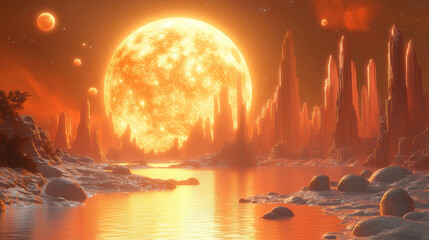 majestic alien sunrise setting over a rocky landscape with glowing celestial bodies in the distance.