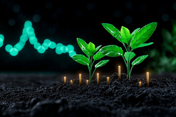 a close-up of green seedlings emerging from dark soil, illuminated by glowing elements, symbolizing 