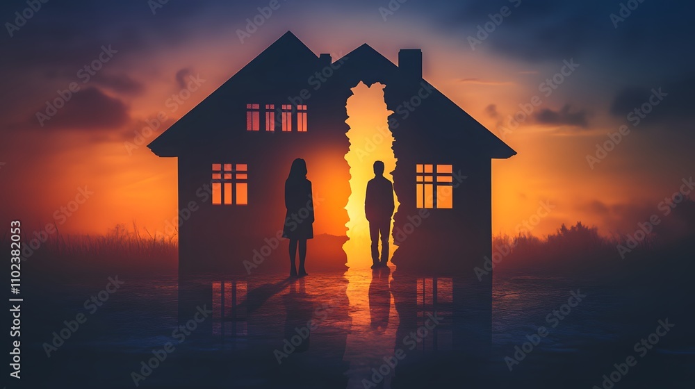 silhouette-of-separated-couple-standing-before-a-split-house-at-sunset