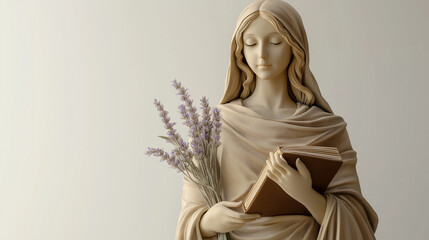 Wall Mural - Detailed Virgo portrait with a book and sprig of lavender, exuding wisdom and calm, in earthy tones with soft natural lighting, set against a clean white background to highlight their refined features
