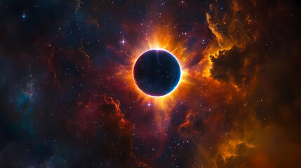 Wall Mural - Stunning cosmic scene featuring a solar eclipse surrounded by vibrant nebula and stars in deep space, showcasing the beauty of the universe. Ecliptic. Illustration