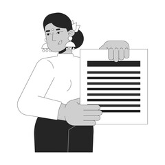 Wall Mural - Hindu female employee holding document report black and white 2D line character. Indian bindi office worker woman paperwork showing isolated vector outline person. Monochromatic spot illustration