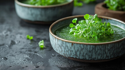 Sticker - A minimalistic image of a bowl filled with thick green soup, garnished with fresh microgreens, set on a textured dark surface