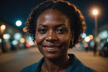 Close portrait of a smiling 40s Congolese woman looking at the camera, Congolese city outdoors at night blurred background