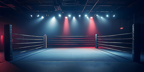 Sticker - Empty professional boxing ring in the dark, illuminated spotlight. Sport background.