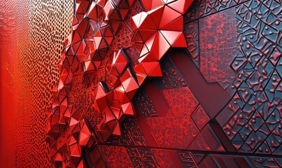 A captivating red geometric backdrop featuring intricate patterns and 3D effects, ideal for enhancing visual appeal in advertising, social media, or web design
