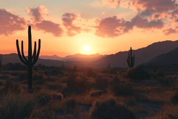 A stunning sunset over a desert landscape with prominent cacti and silhouetted mountains, creating a dramatic, serene, and reflective natural scenery.