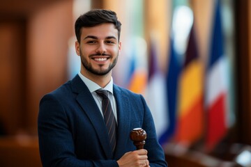 A cheerful male judge, holding a gavel, smiles in a multicultural courtroom setting with international flags, representing justice and global unity.