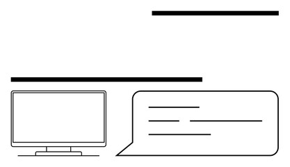 Computer monitor next to a speech bubble with text lines. Ideal for tech discussions, online communication, messaging, webinars, virtual meetings, internet interactions, and chat services. Line