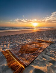 Wall Mural - Prayer mat on sandy beach at sunset.