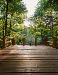 Canvas Print - Wooden deck overlooking a lush green forest. Tranquil scene.