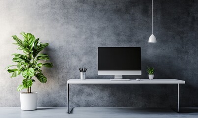 Wall Mural - minimalist white office desk with a computer and green plant in a modern home office. concept of pro