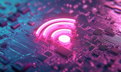 Neon wifi symbol padlock lying on circuit board