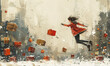 © Алексей Василюк - Cheerful young woman running in the street falling Christmas boxes presents on the ground. Busy female customer in hurry delivering holiday gifts in beautiful winter