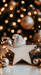 Poster - White wooden star adorned with a Santa hat rests against a backdrop of bright bokeh lights, creating a cheerful holiday atmosphere