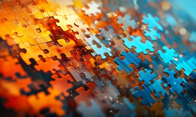 Vibrant digital technology backdrop with puzzle pieces merging in abstract image