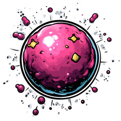 Wall Mural - Bright pink cosmic ball surrounded by colorful splatters and sparkles illustrating an imaginative space scene