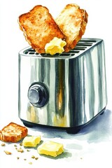 A shiny silver toaster pops up two slices of golden-brown toast with melting butter on top.