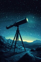 A sleek black telescope standing on rocky terrain under a starry night sky, ready for cosmic exploration.