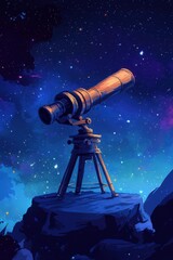 Wall Mural - a vintage telescope on a rocky outcrop, gazing at a vibrant, star-filled sky.