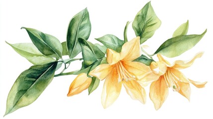 Bright Mandarin Blossom: Hand-Painted Watercolor Art of Isolated Citrus and Lush Greenery on a White Canvas