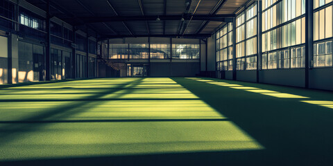 Empty interior of indoor sports football court. Background of football room with copy space